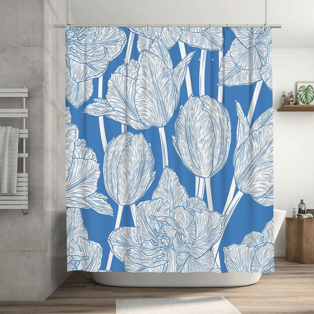 White Blue Modern Shower Curtain Waterproof Flower Print Home Decor Bathroom Decoration Wall Hanging Bath Mat for Kids Adults Si