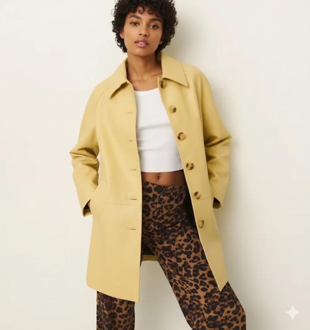 

Пальто тренч из овчины, повседневное, для вечеринок, кожаное, ручной работы, стильное, желтое, женское, из натуральной кожи 3XL жёлтый