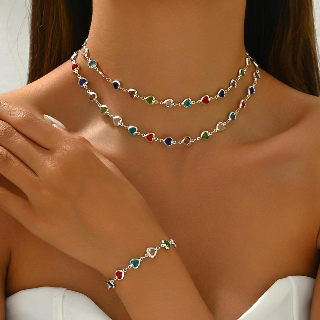 European and American temperament niche light luxury style color heart-shaped zircon long necklace bracelet autumn and winter jewelry set combination