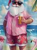 Men'S Retro Hawaiian Style Santa Claus Beach Print Short-Sleeve Shirt - Button- Collar Shirt with Pocket, Featuring a Design of Santa in Flip-Flops
