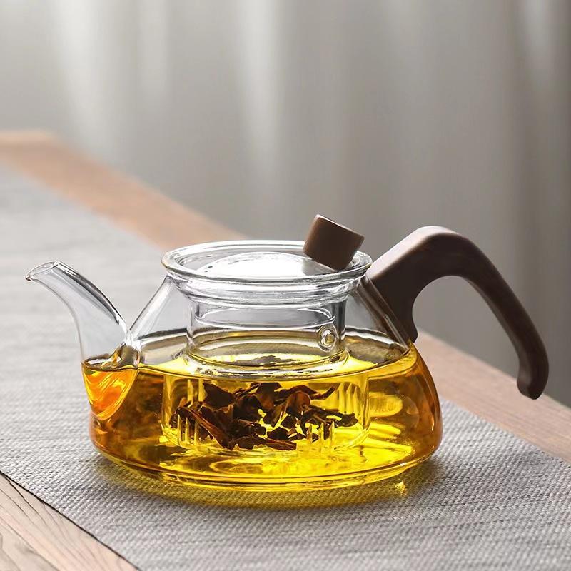 

650ml High Borosilicate Glass Teapot Walnut Wood Handle Japanese Style Glass Teapot Electric Ceramic Stove Smoke Gray Glass Pot