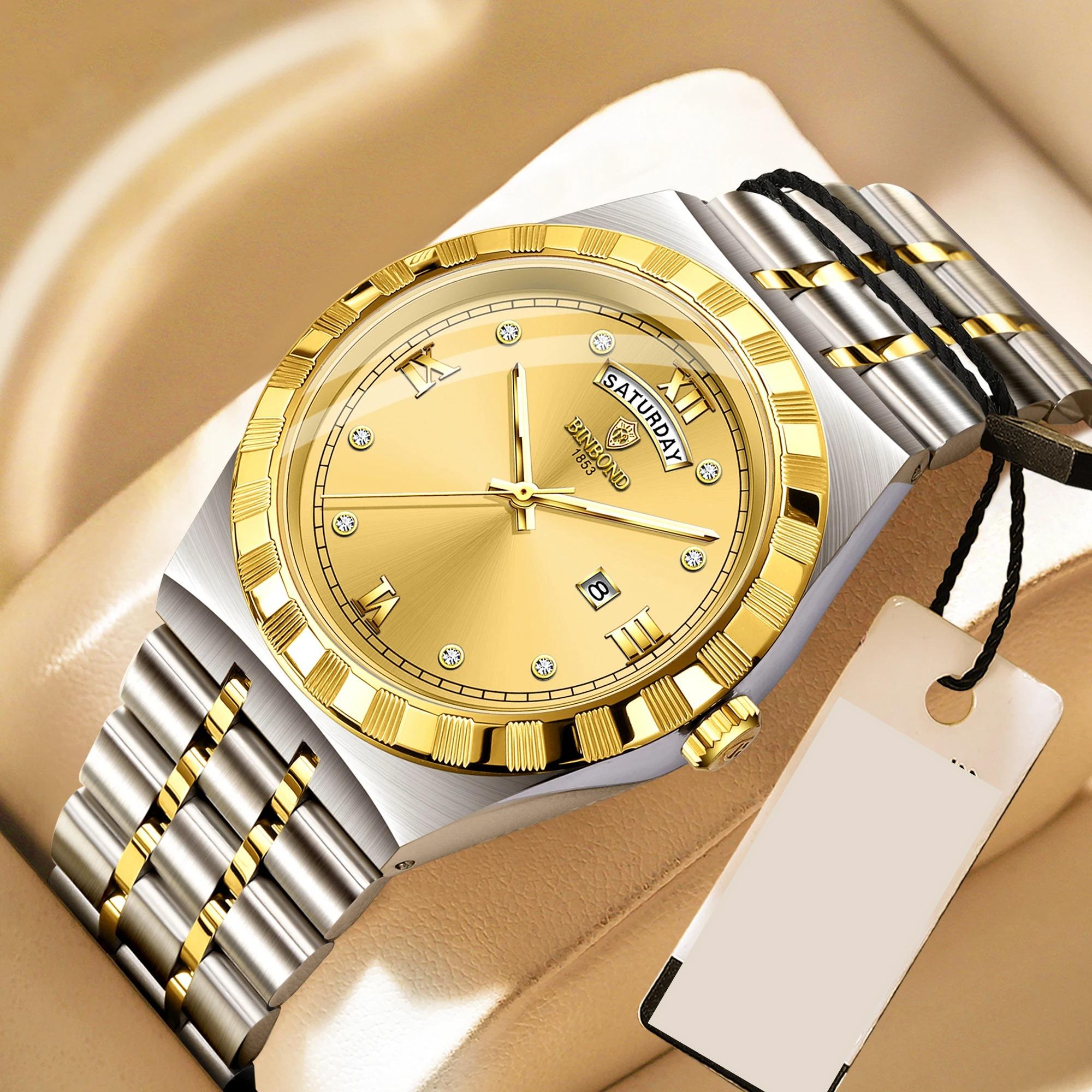 

BINBOND New Fashion Men s Watch Quartz Men s Week Date Watch Waterproof Night Light Stainless Steel Men s Watch срібний/золотий