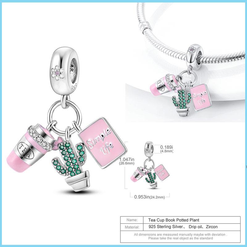 Pink Color Series Charms Beadscopper Cute Girl Pink Dangle Flower Heart Shape Pendant Fit Bangle Bracelet Necklace Jewelry