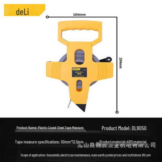 Deli Tools DL9030 High-Precision Steel Measuring Tape with Plastic Casing - Metric Dimensions, 50/100m