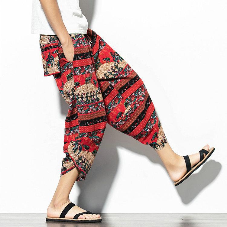 Harajuku Lässige Haremshosen mit weitem Bein für Männer 2024 Sommer Baumwolle Strand Baggy Pants Chinesischer Stil Prinitng Wadenlange Hose