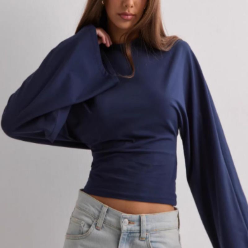 2026 Women's Solid Color Cinched Waist Long Sleeve Top - Fashionable Round Neck, Wide Sleeve.
