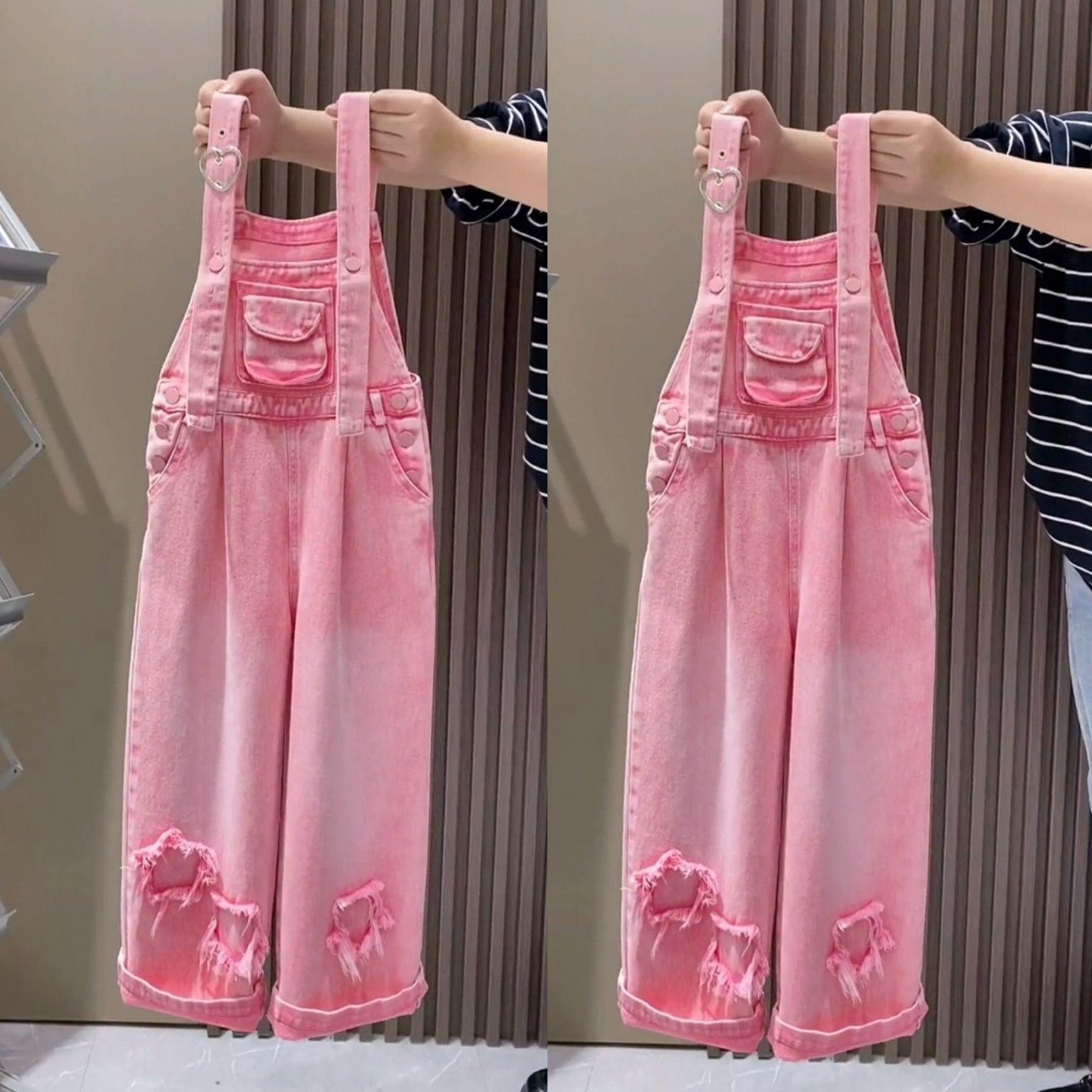 

Джинсовый комбинезон для девочек, весна и осень, стиль вестерн, летняя одежда, свободная жареная уличная одежда, большие детские брюки 140 розовый