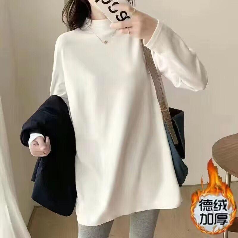 

Жіноча футболка з довгим рукавом середньої довжини, базова сорочка з напівкруглим коміром, нова вільна у корейському стилі, внутрішній топ на весну та осінь 3XL білий