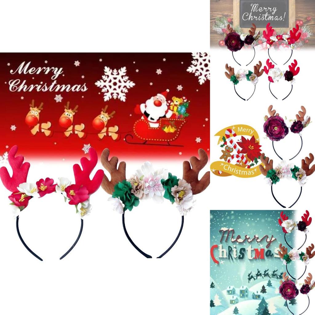 Festive Red Velvet Reindeer Antlers Headband With Floral Design For Girls
