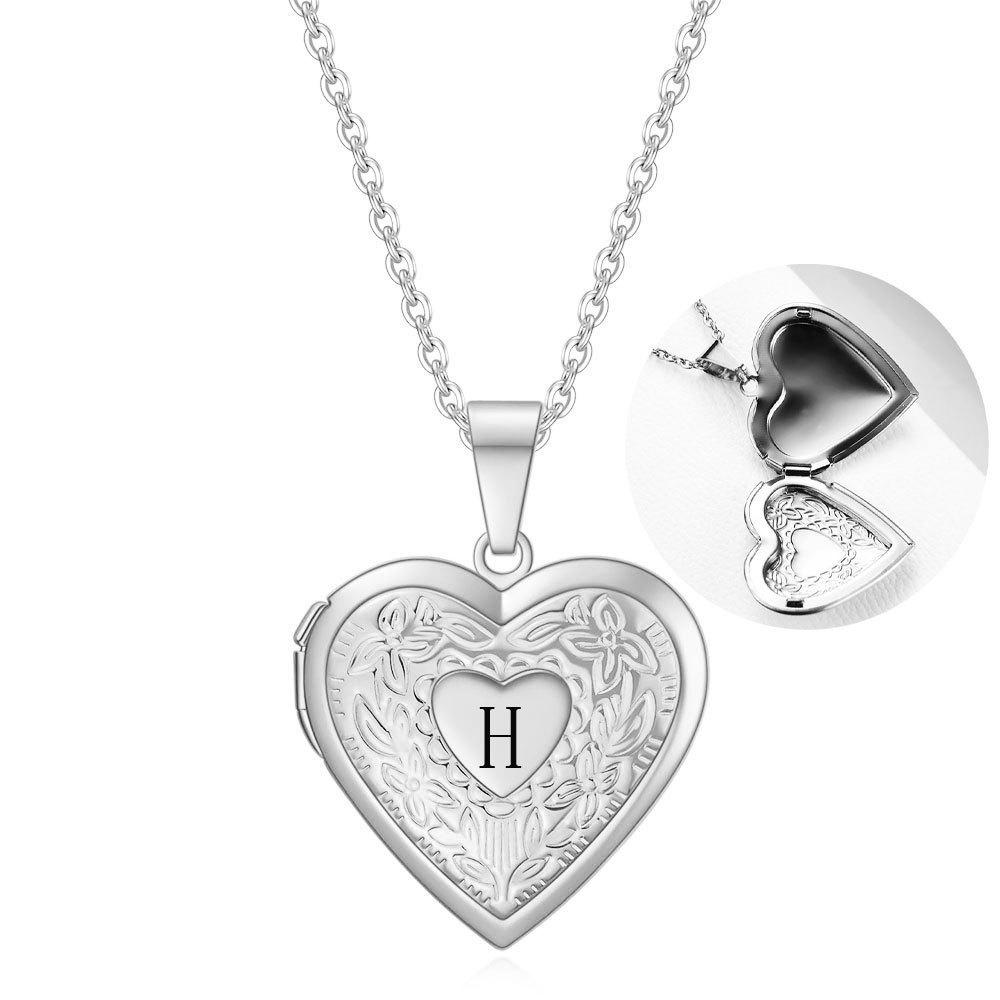 Personalized Heart Pattern Photo Locket Pendant Necklace with Alphabet