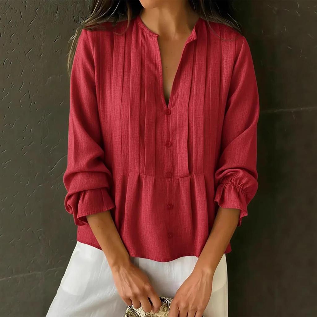 2025 Spring/Summer Women's V-neck Long Sleeve Striped Cotton-Linen Shirt