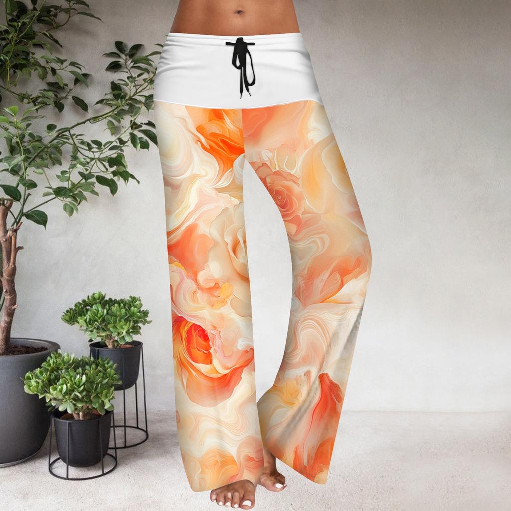 Pantaloni Casual Largi cu Talie Elastică cu Șnur pentru Femei, cu Imprimeu Floral și Blocuri de Culoare