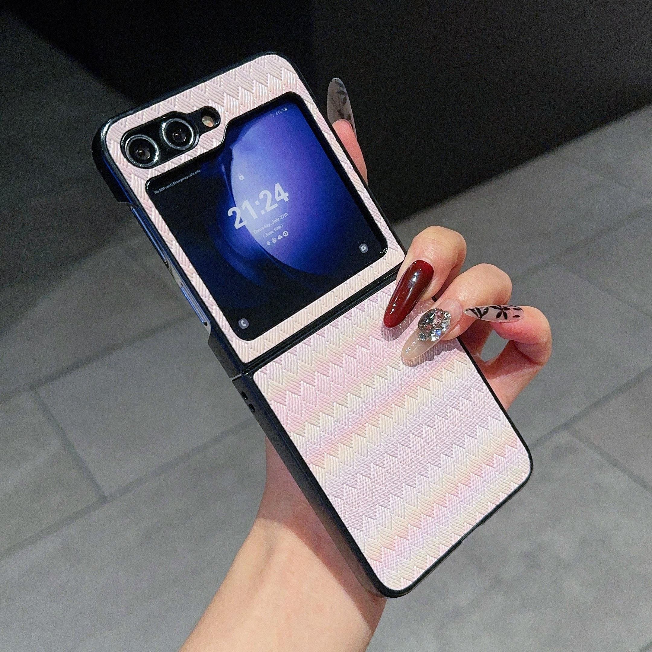 

Чехол для Samsung Galaxy Z Flip6 5G/Z Flip5 5G, двухкомпонентный дизайн, кожа+ПК, лазерная сетка, чехол для телефона Pink