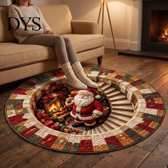 Dekorativer Weihnachtsgeschenk-Weihnachtsmann 3D Runder Teppich, Kristall-Samt-Fußmatte für Wohnzimmer Schlafzimmer Ferienhausdekoration, Rutschfest