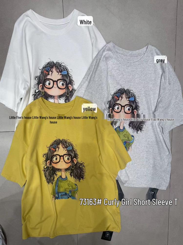 

Xiao Wang s Korean Style Plus Size Casual Cartoon Girl Short Sleeve T-shirt One Size сірий колір