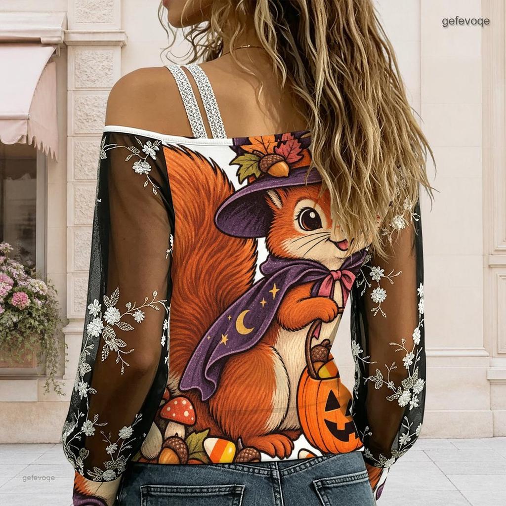 Women Plus Size Asymmetric Cold Shoulder Long Sleeve T Shirt Abstract Printed Sheer Floral Embroidered Sleeve