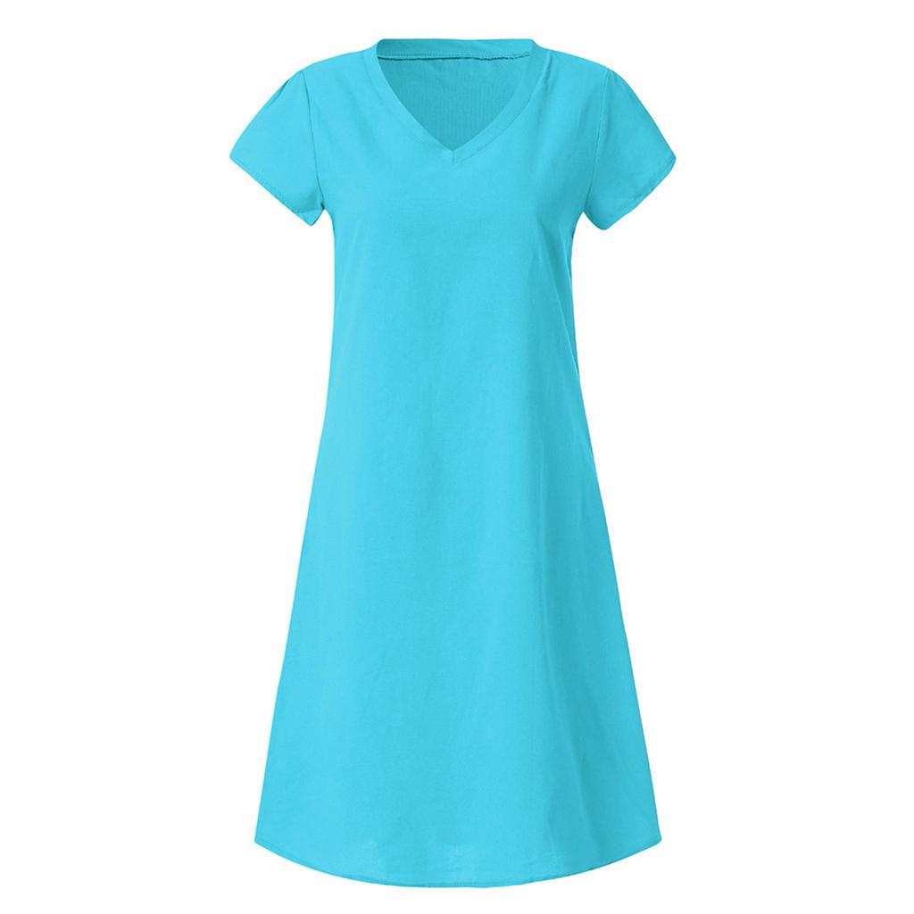 Women's Casual Color Knee Length Dress V-Neck Pullover Loose Short Sleeve Dress