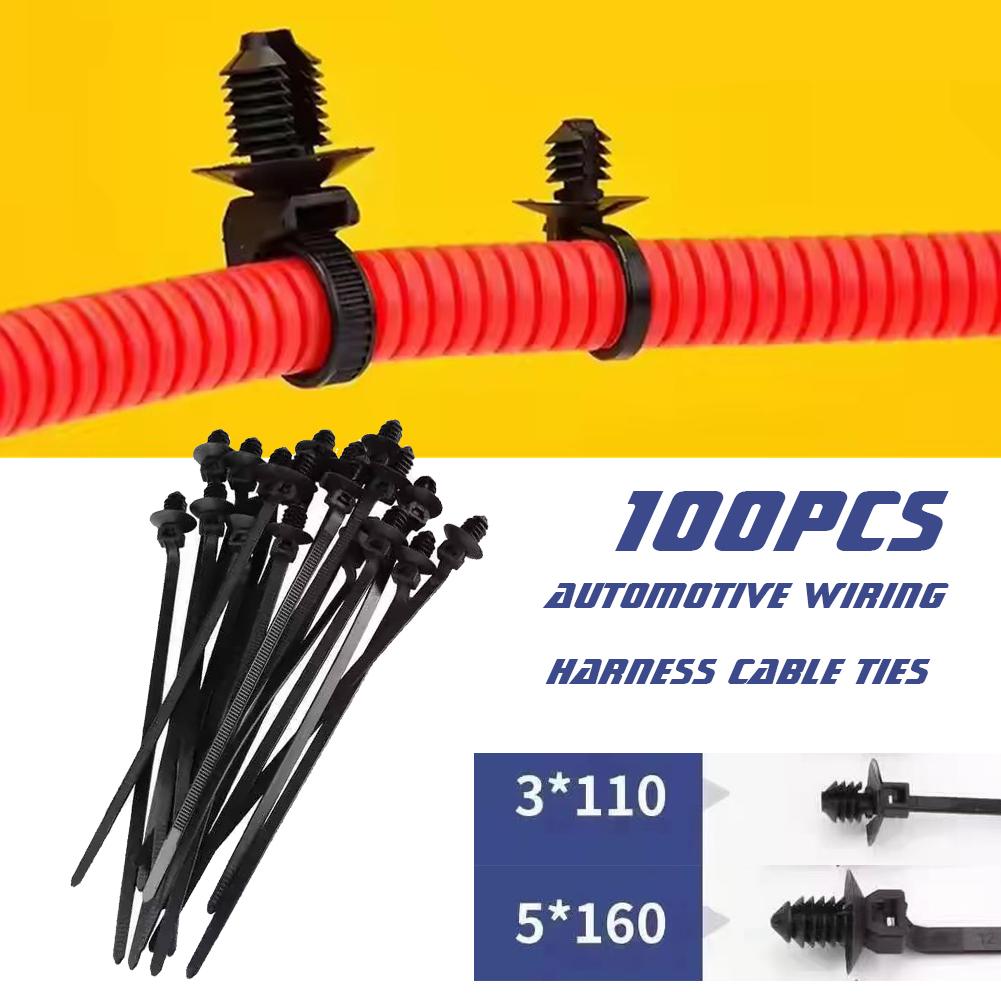 100pcs Self-Locked Nylon Cable Tie Push Clips For Car Wiring Harness Fixed Cable Tie Buckle Straps Car Accessories