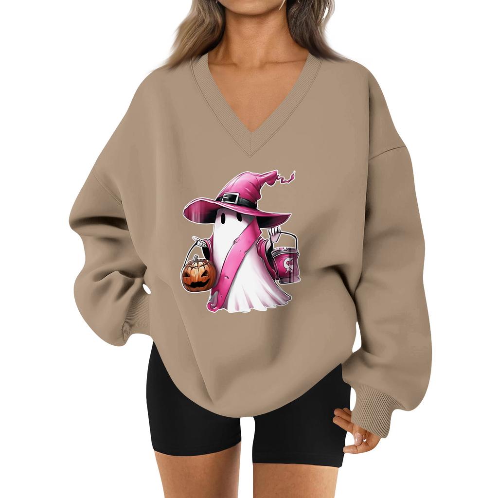 Women's V-neck Dropped Shoulder Halloween Print Sports Sweatshirt Top