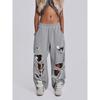 VIONA Graue Ripped Damen Hose Y2k Jogging Weites Bein Amerikanischer Retro Hip Hop Jogginghose Übergröße Baggy Lässig Streetwear Sommer