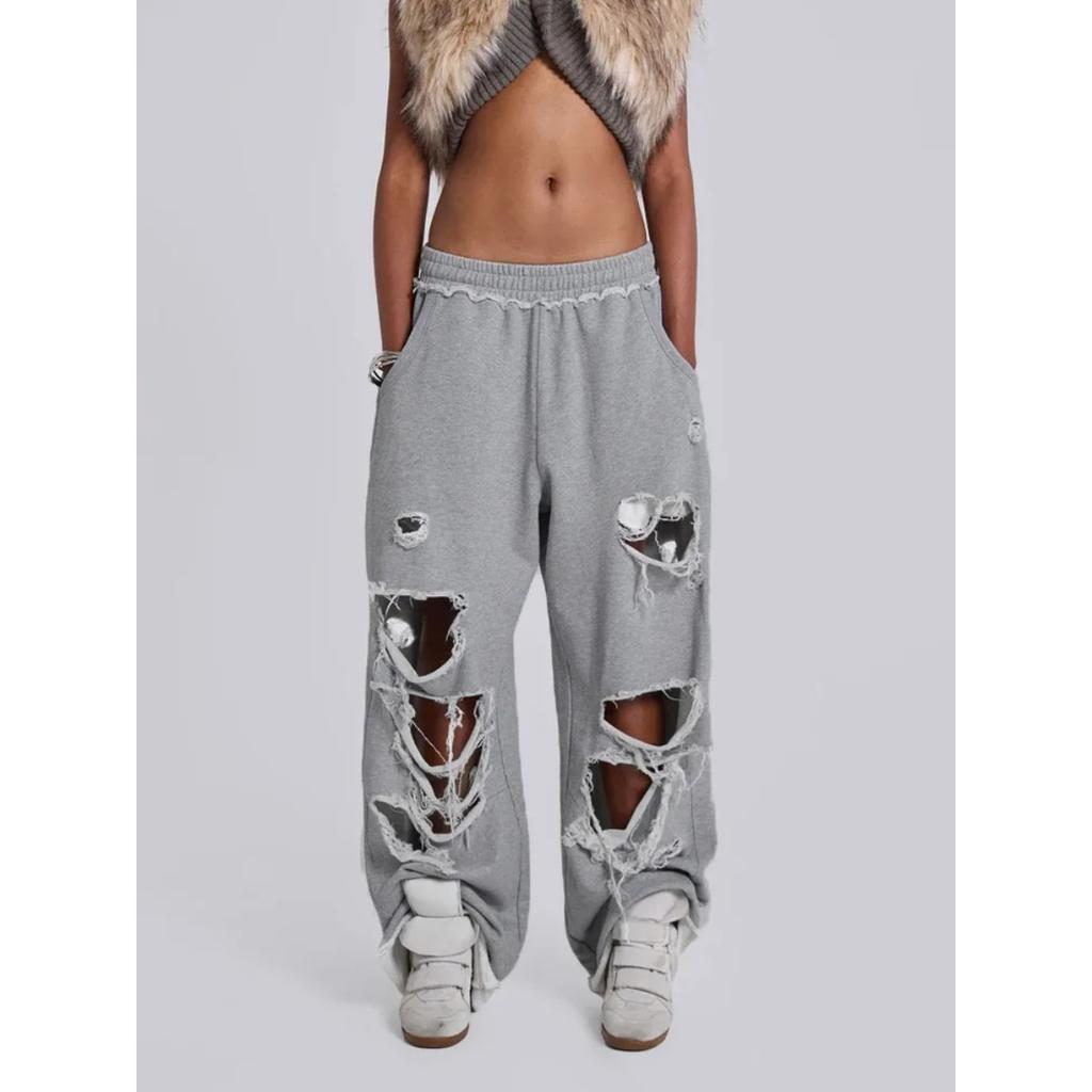 VIONA Graue Ripped Damen Hose Y2k Jogging Weites Bein Amerikanischer Retro Hip Hop Jogginghose Übergröße Baggy Lässig Streetwear Sommer