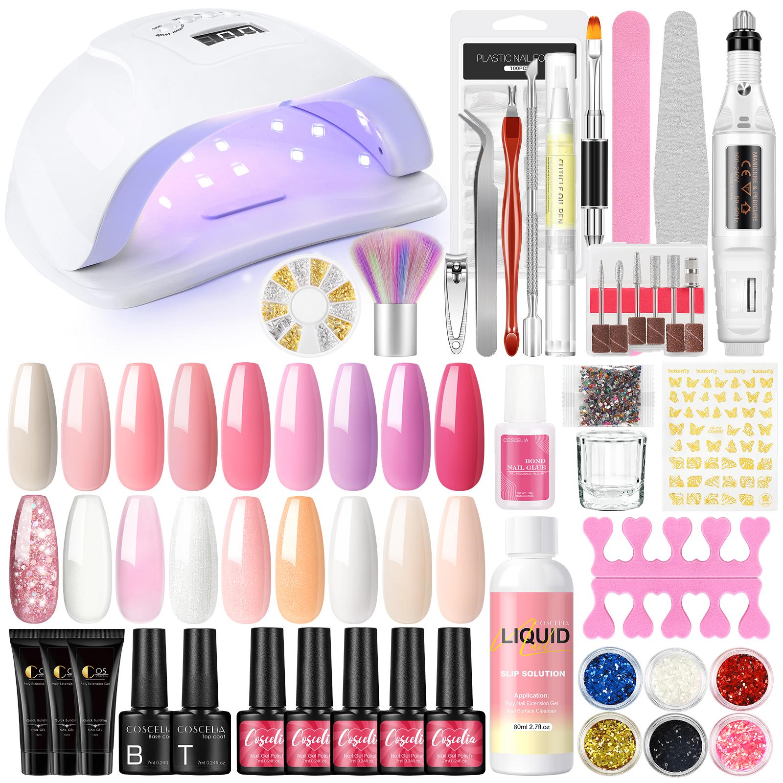 

COSCELIA Manicure Set 3pc Poly Nail Extension Gel 15pcs Nail Gel Polish Soak off UV Nail Gel And 80W UV LED lamp Nail Drill Machine Kit Tools Set
