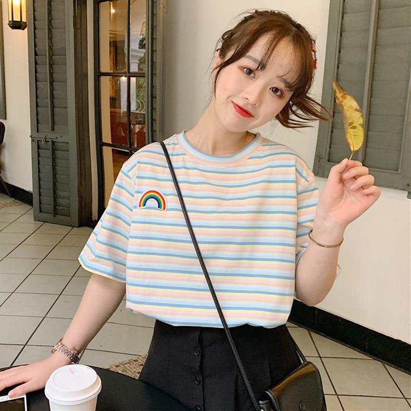 Women's  Summer Casual T Shirt Short Sleeve O-Neck Rainbow Striped Loose Tee