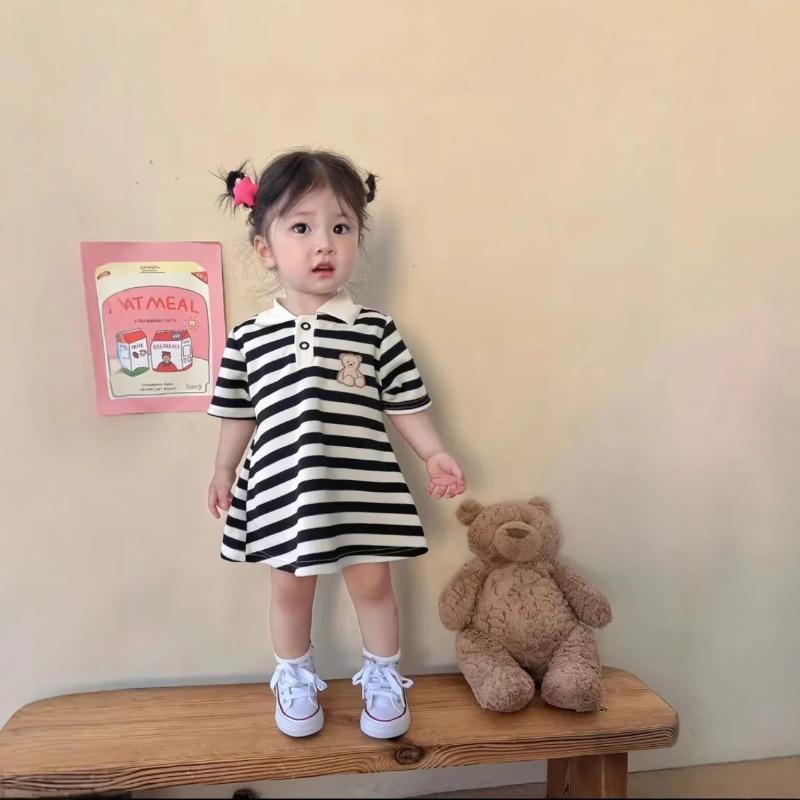 Children's Dress Girls' Summer Korean Edition Striped Strawberry Lapel Casual Dresses