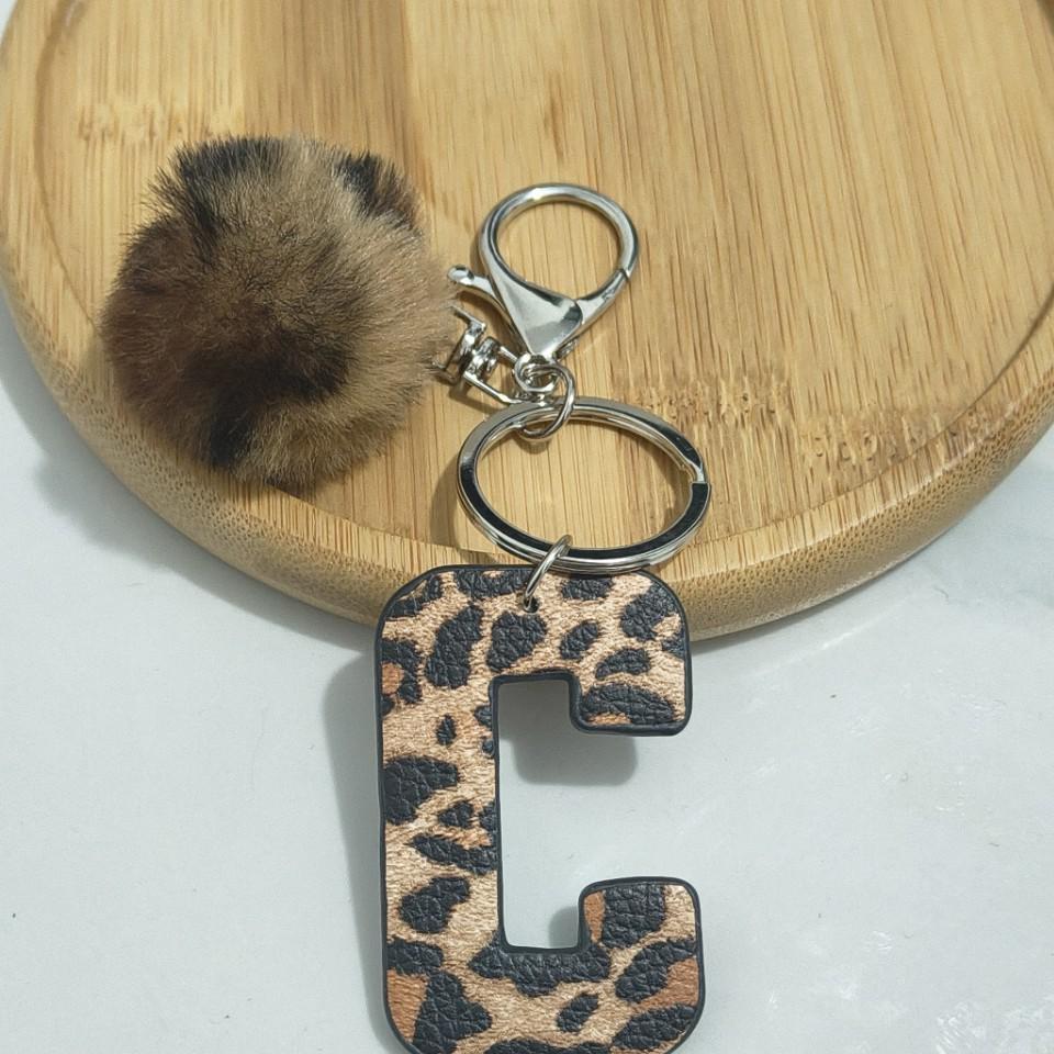 PU Leather Leopard Print Keychain with Plush Ball - Retro Style