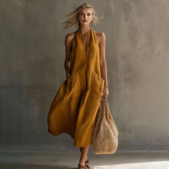 Summer Dress for Women Casual Deep V Neck Halter Sleeveless Long Dress Beach Vacation Flowy A-line Dress with Pockets