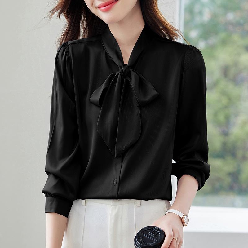 2025 Spring/Autumn Women's High-End Flowy Ribbon Bow Long Sleeve White Shirt for Professional Wear