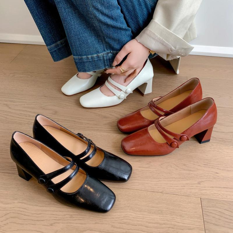 New Women's Fashion Single Shoes Solid Color High Heel Comfortable Cowhide Single Shoes Square Head Buckle Non-slip Cowhide Sole Large Size Shoes