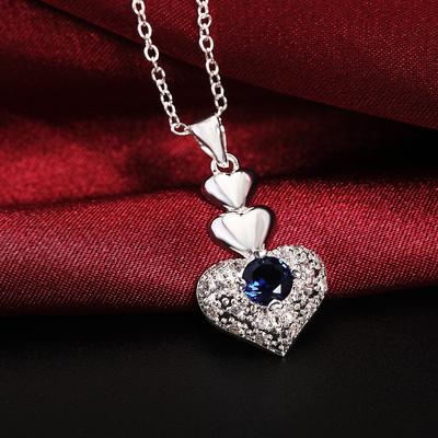 925 Sterling Silver Modrý zirkonový náhrdelník s přívěskem ve tvaru srdce Svatební módní šperky