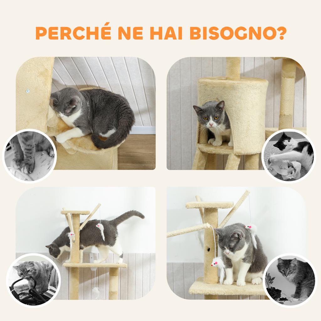 Cat Tower with House, Perch, Platforms and 4 Hanging Mice, 60x35x134 cm, Beige