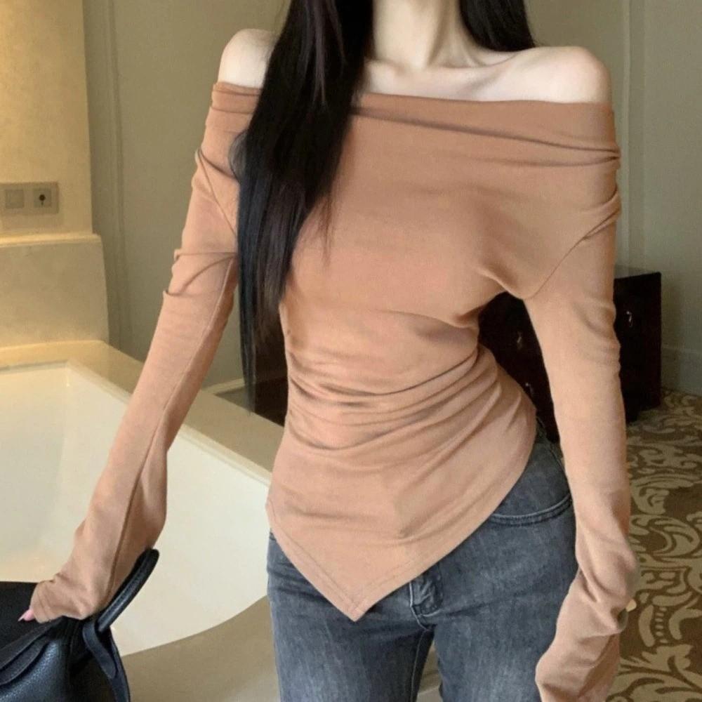 Korean Y2K Ins Bottoming T-shirt Off-shoulder Long Sleeve Tops  Spring Autumn Winter