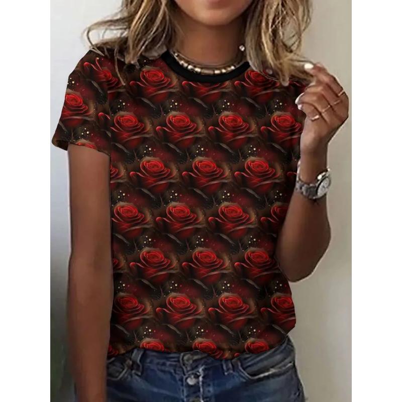 Fashion Women's Crew Neck T-Shirt 3D Flower Color Printing Short Sleeve