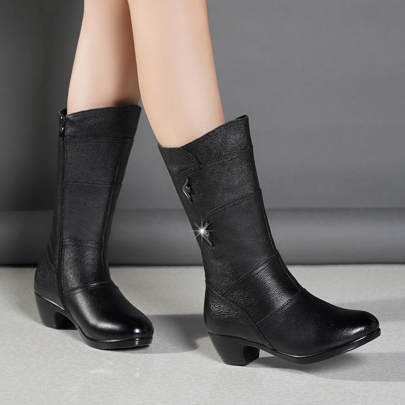 Novas Botas Elegantes de Inverno na Moda Chunky de Cano Médio Cabeça Redonda Sexy Confortáveis Zíper Lateral Moda Botas de Cavaleiro Femininas