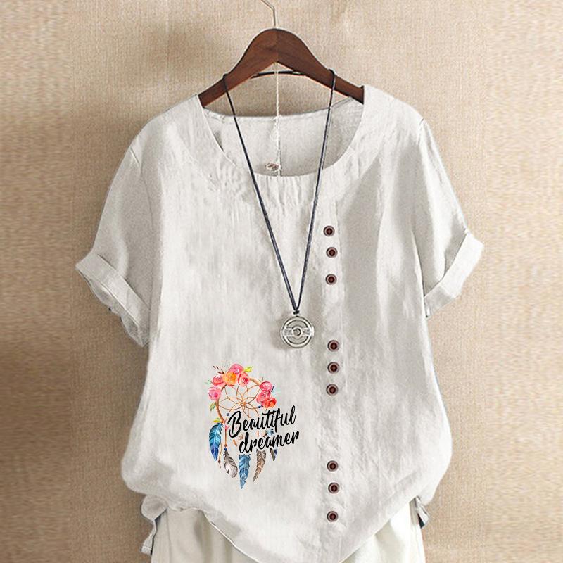 Women's Fashion Feather Letters Prined Short Sleeve T-shirt Loose Cotton Shirt Casual Loose Summer Blouse Tops Plus Size