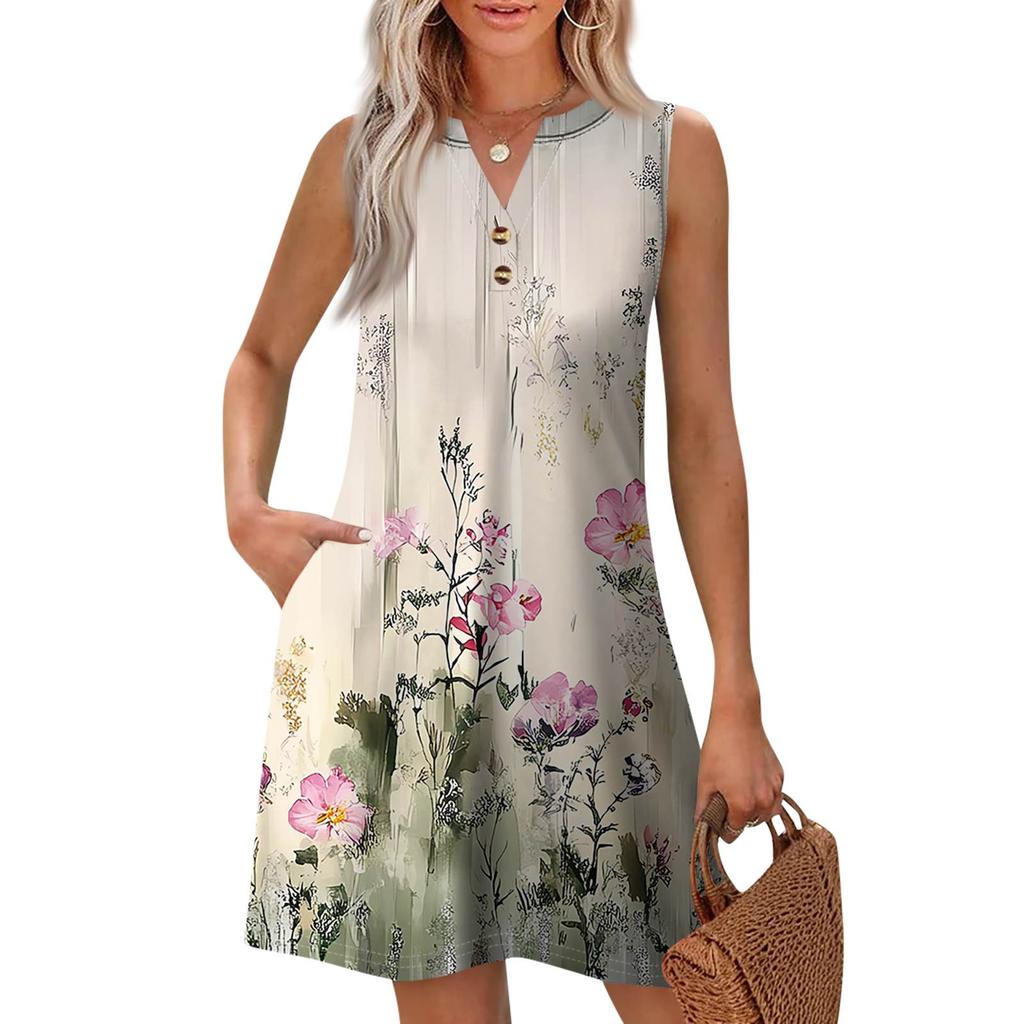 Dámská móda Ležérní potištěné V-neck knoflíky s kapsou Vesta Bez rukávů Šaty