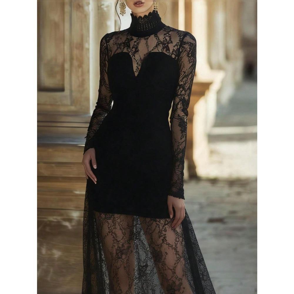 Women s High Neck Long Sleeve Maxi Dress Slim Fit High Waist Vintage Hollow Lace Dress S чёрный