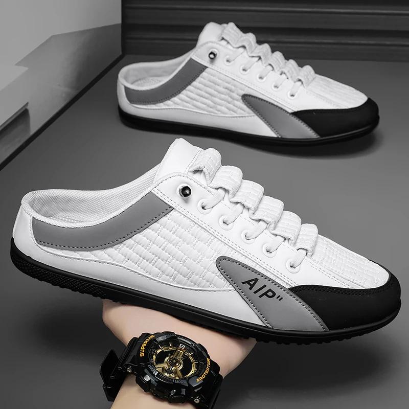 Fashion 2024 Men's Summer Breathable New Style Slip-on Loafers Peep Toe Slippers Men's Korean Fashion Canvas Lazy Half Slippers