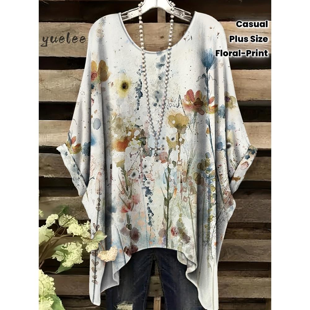 T-shirt Estiva Elegante Bohemien Bicolore da Donna con Stampa Floreale a Forma di Cuore e Farfalla, Scollo Tondo, Blusa Casual, Abbigliamento Bohemien da Donna