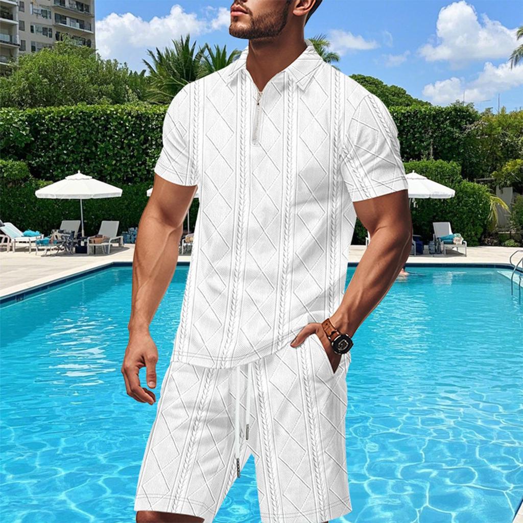 Men's Summer Solid Color Breathable Loose Zipper Short Sleeve Shirt Shorts Set