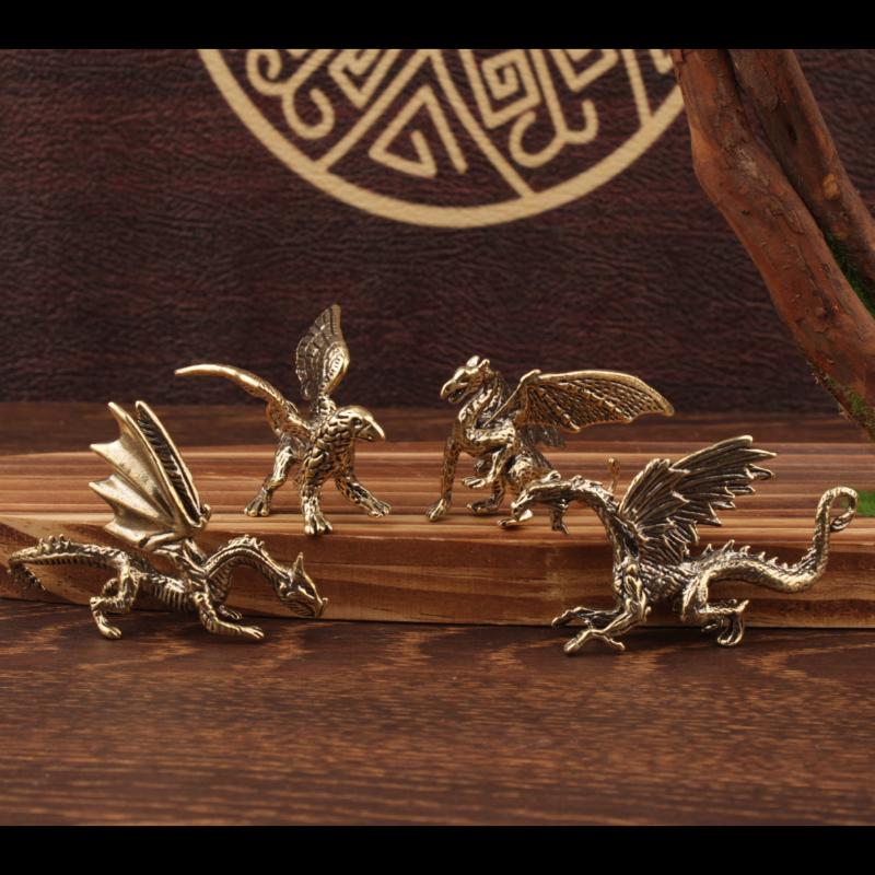 Mini Brass Dragon And Griffin Figurines Detailed Carving Antique Finish Desktop Decor Collection