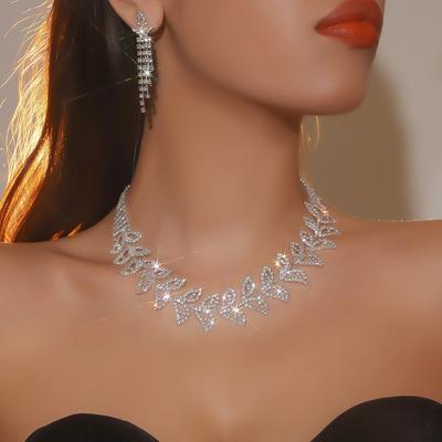 Shiny Leaf Rhinestone Necklace Earrings Set Fashion Temperament Piece Earrings Two-piece Jewelry Set