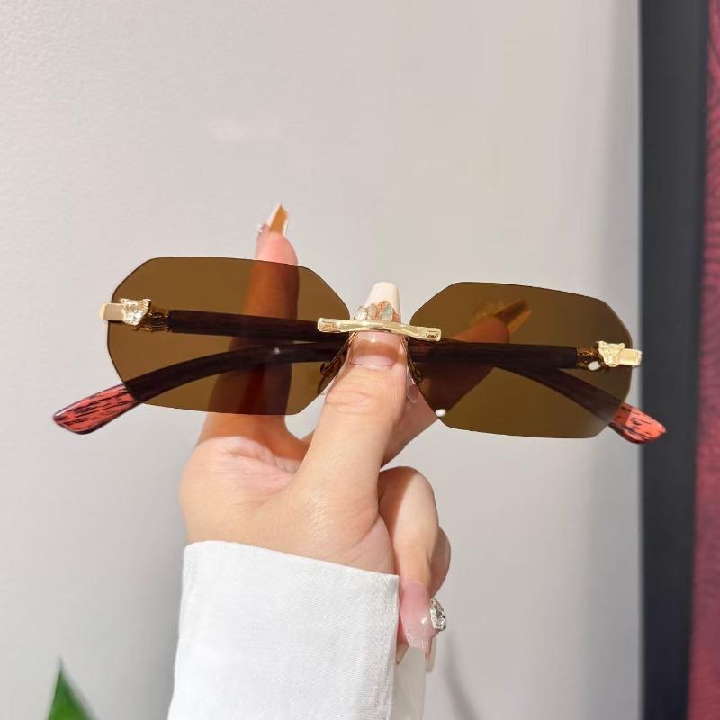 Frameless Polygonal Sunglasses With Cut Edges Women'S High-End Retro Glasses Men Wood Grain Legs Leopard Head Sun Glasses