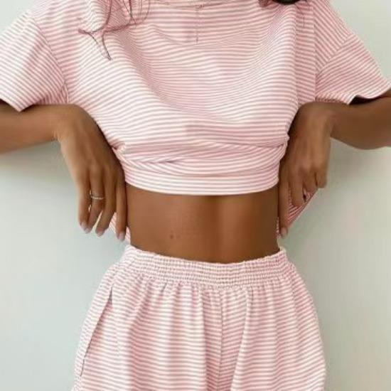 

GMXIA Осенняя вязаная полосатая пижама Свободный комплект с короткими рукавами и шортами Модная домашняя одежда для женщин XXL розовый