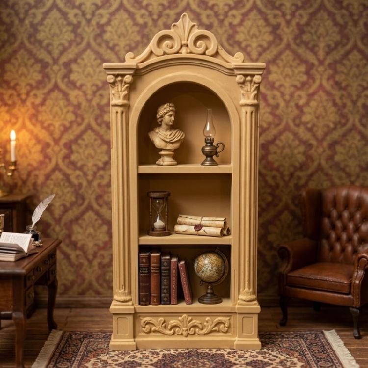 Collectible Display Shelf Miniature for Dollhouses Rooms, Roman Style Resin Bookcase with 3 Level Storage for Tiny Books and Layout Accent Use