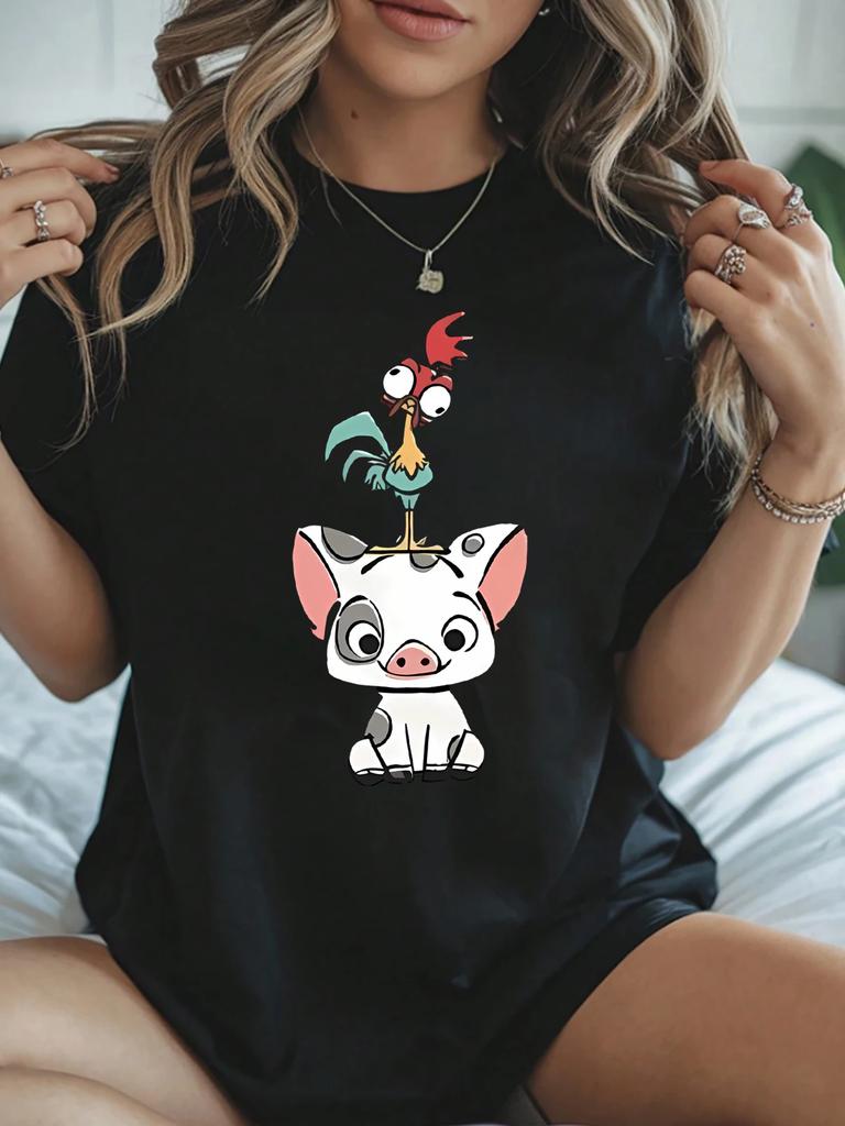 Pigs and Chickens Cartoon Print Women's Round Neck Short Sleeve T-shirt Comfortable Soft Summer Fashion Casual Women's Clothing