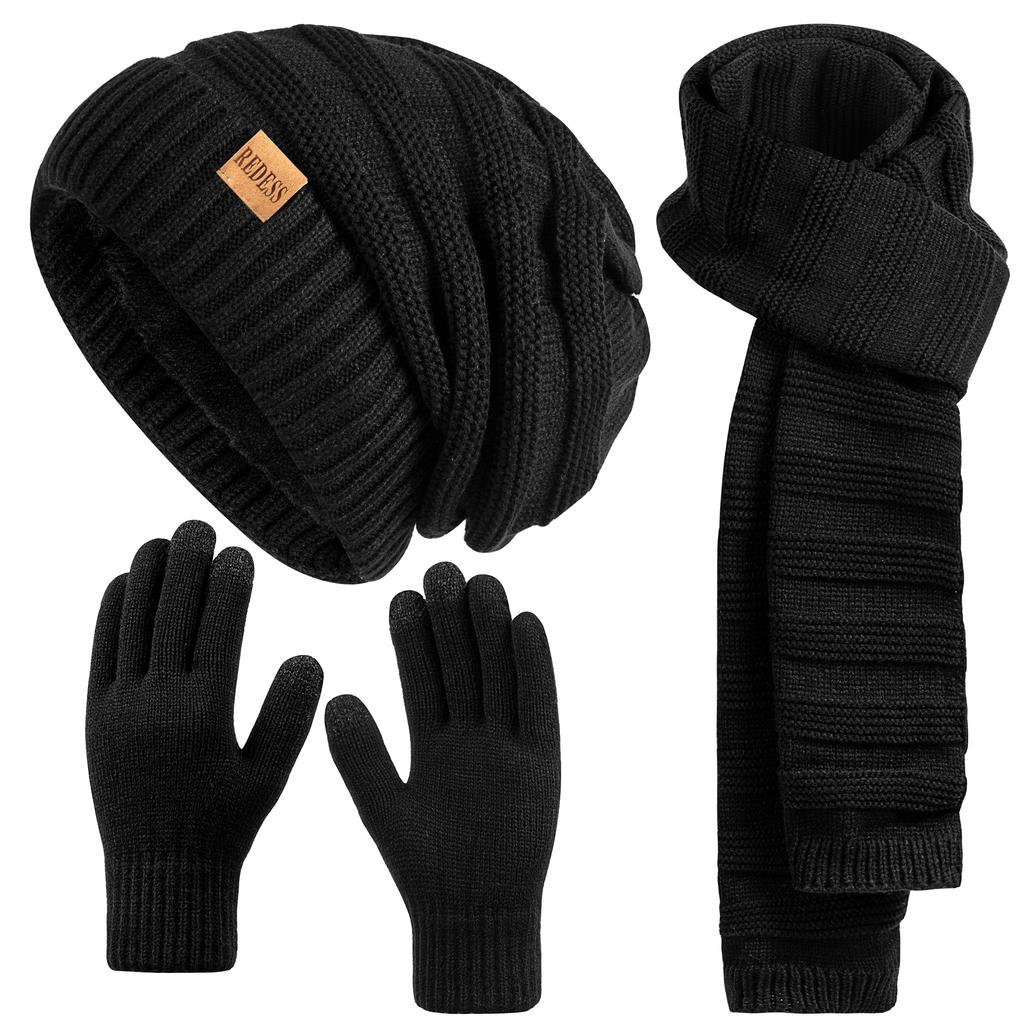 Winter Hat Beanie Scarf Touchscreen Gloves Set for Women, 3 in 1 Set with Knit Warm Long Neck Scarves Cap Gloves